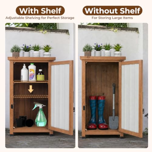Image of PetsCosset Small Outdoor Storage Cabinet Waterproof with Metal Top, Wood & Metal Outside Potting Bench Table Tool Organizer with Adjustable Shelf for Patio Backyard Garden