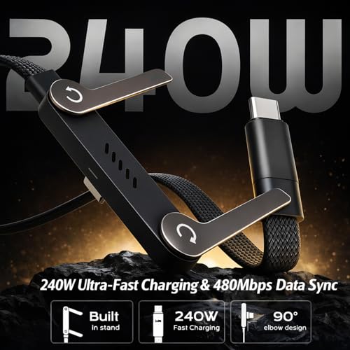 Image of Invisible Holder Charger Cable with Stand,Type-C to Type-C,240W PD Fast Charging Cable with 360 Adjustable Metal Stand,2 in 1 Invisible Holder Charger Cable with Stand for Desk, Gaming (3PC) (5) | 2-in-1 Fast Charging Cord & Phone Stand for Gaming, Car Travel, Compatible with iPhone Samsung Type-C Charging Cable