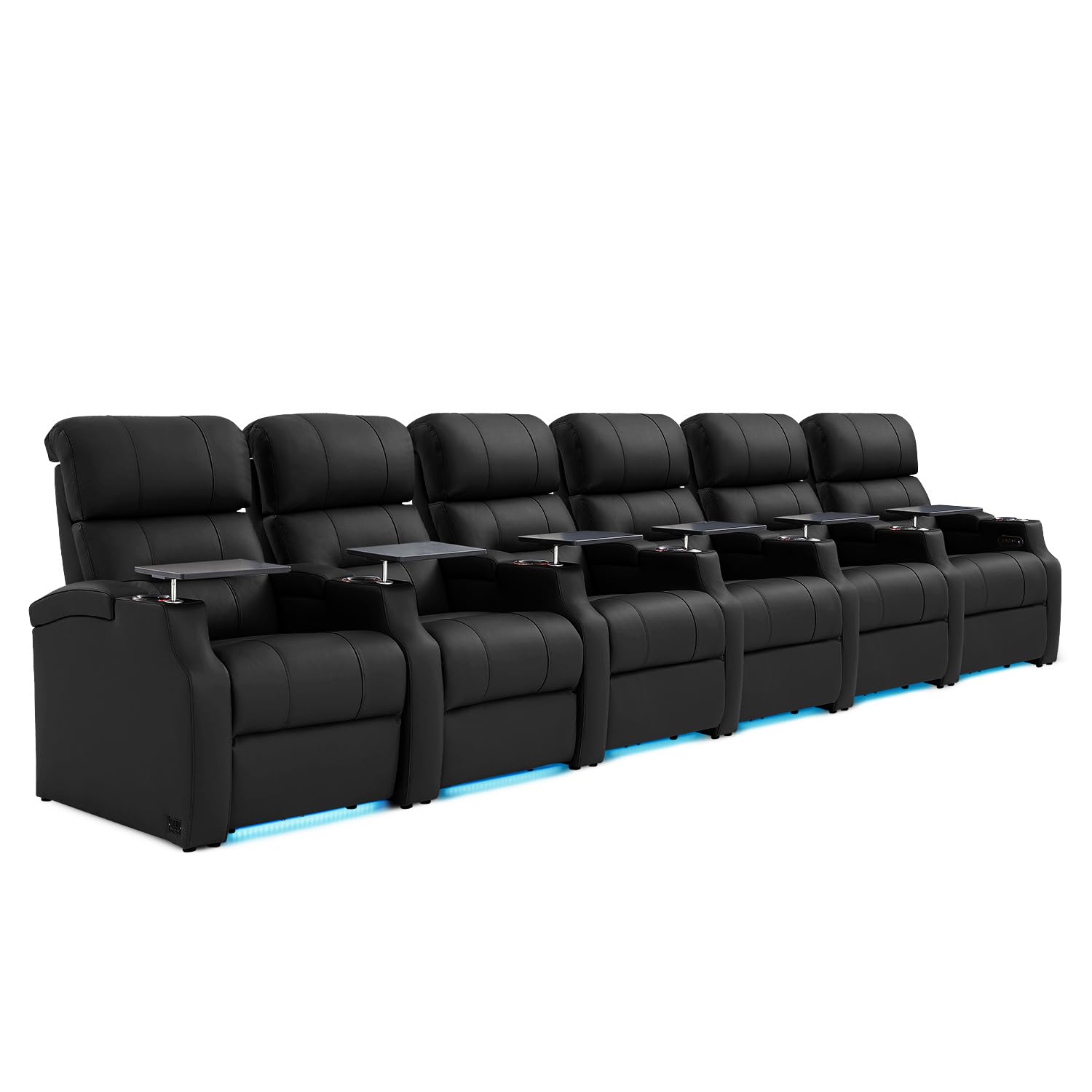 Home Theater Seating, Top Grain Leather Sectional Seats Recliner Chair, Zero Gravity Reclining Sofa with Power Headrest 7 Colors Ambient Lighting USB C Charge Row of 6 Black