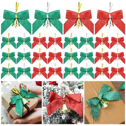 Glitinsel 48 Pcs Christmas Mini Bows with Bells, Red Green Glitter 2x1.5