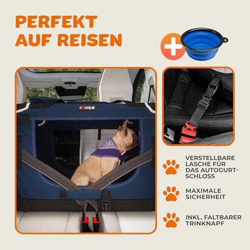 CADOCA® Hundebox faltbar Transportbox M 60x42x44cm robust atmungsaktiv Transporttasche Auto Rückbank Haustiertransportbox Hundetragetasche Navyblau