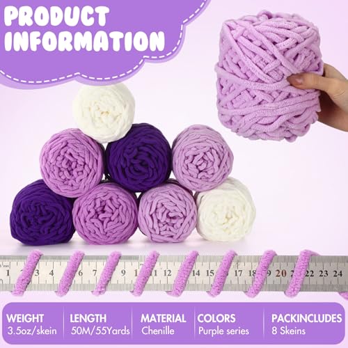 Image of Buryeah 8 Pack Chunky Chenille Yarn for Crocheting Soft Thick Fluffy Yarn for Hand Knitting Bulky Velvet Blanket Plush for Weaving DIY Crafts Each 3.5 oz 55 Yards (Purple Series)