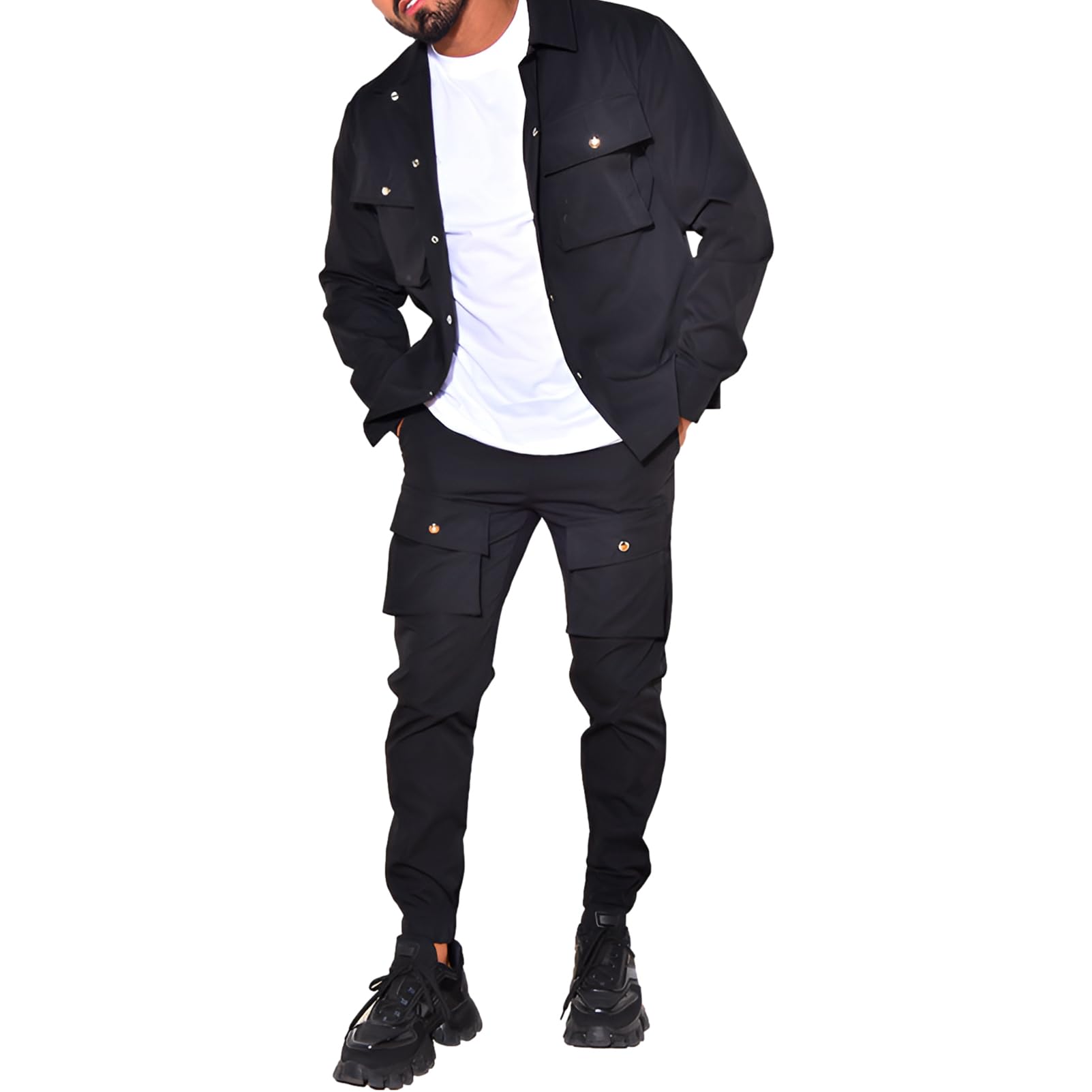 amropi Hommes Ensemble de Survêtement Veste à Boutons et Pantalons Cargo Jogging Combinaison avec Poches