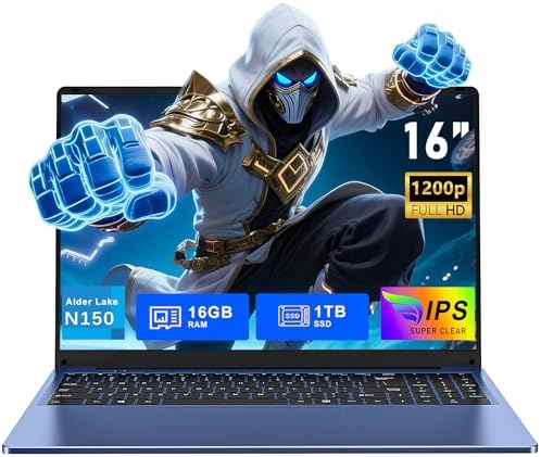 FUNYET Laptop para jogos, laptop de 16 polegadas 2026 com Windows 11 Pro, 16GB RAM 1TB SSD, processador Int 13ª geração N150 (até 3,6 GHz), teclado retroiluminado, mini HDMI, FHD 1920 * 1200, Office