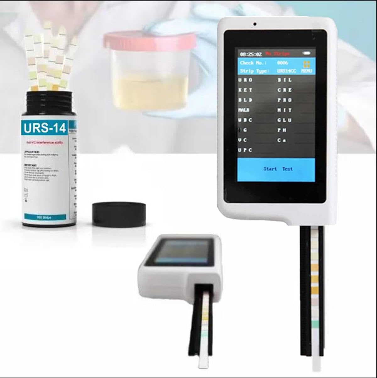 Analizador de orina portátil con USB, con 14 tiras reactivas (100 unidades), para uso doméstico y hospitalario