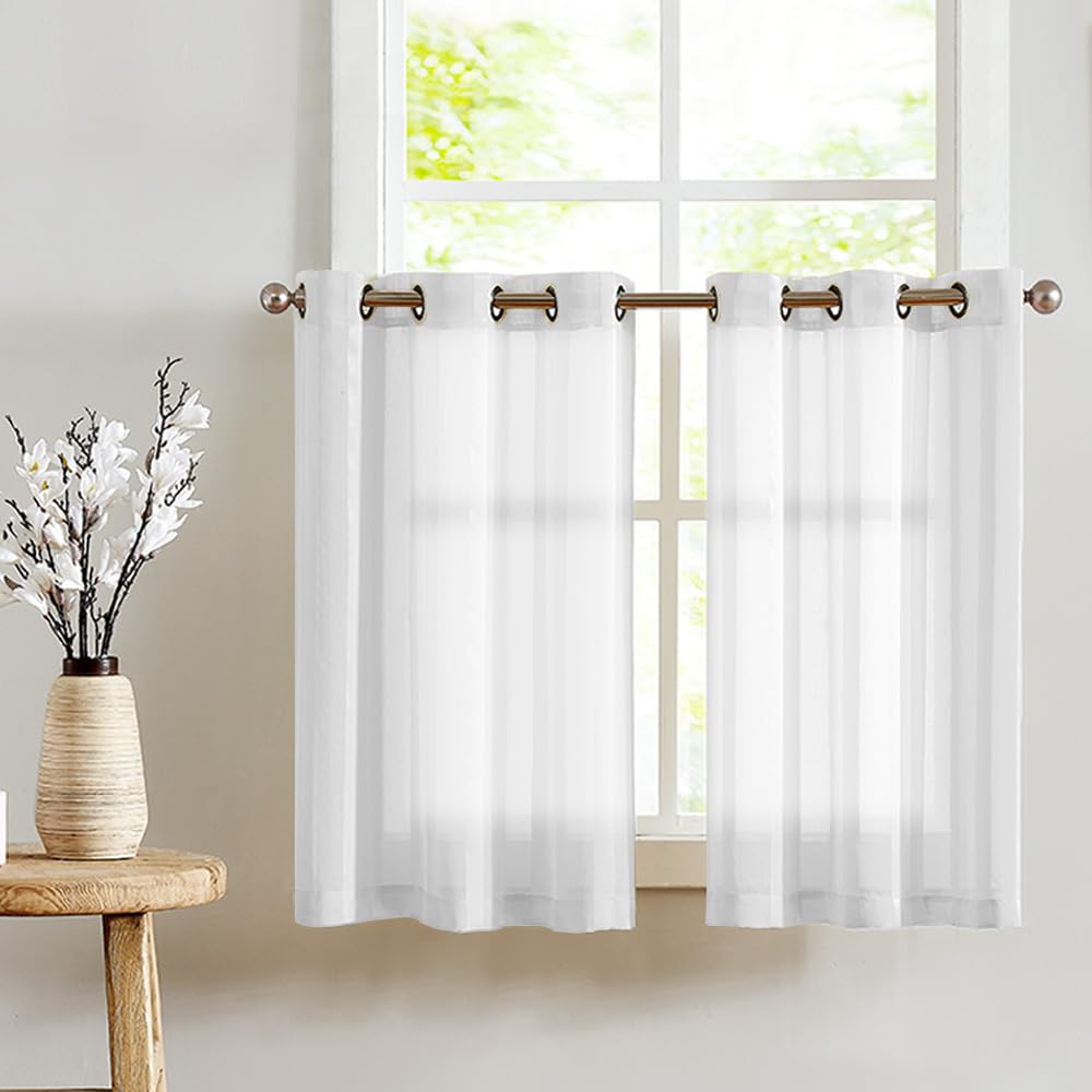TOPICK Sheer Scheibengardinen mit Tunnelzug Transparent Bistrogadine Landhaus Streifen Voile Küchenvorhang Gestreift Küchengardinen Paarig für Badezimmer