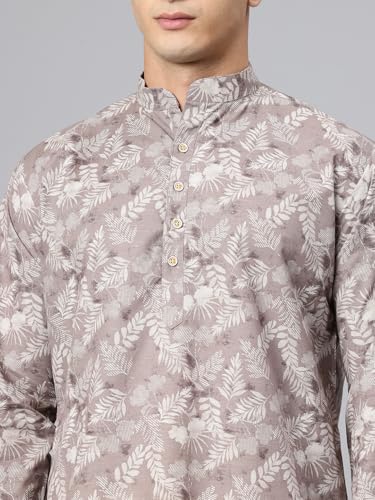 Image of Majestic Man Men's Regular Fit Ethnic Motifs Printed Pure Cotton Long Kurta with Mandarin Collar & Full Sleeves