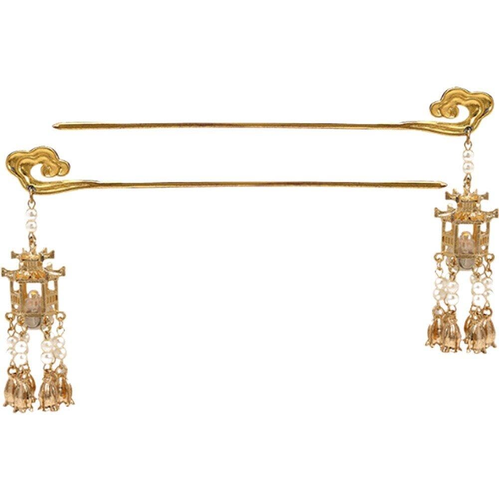 Danlai Women's Gold 2Pcs Ancient Style Hairpin Chinese Lantern Hair Stick Lantern Tassel Hair Pin Hair Updo Bun For Hair Accessories