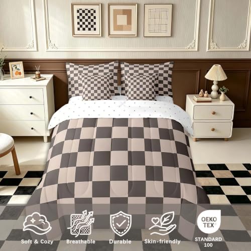 Image of Feelyou Checkered Retro 7 Piece Bedding Set Teen Women Men Gradient Brown Plaid Comforter Set with Sheets Full Size Kids Boys Geometric Vintage Bed in a Bag Modern Simple Groovy Aesthetic Room Decor