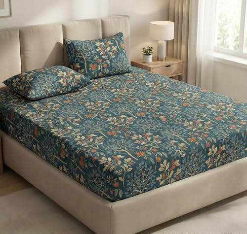 Image of VAS COLLECTIONS Double Bed 160 TC Cloud Cotton Fitted Bedsheet (78x72+10 Inches) | Elastic Deep Pocket Cotton Bed Sheet | Soft, Breathable Bedding for Home & Hotel (Royal Teal Print)