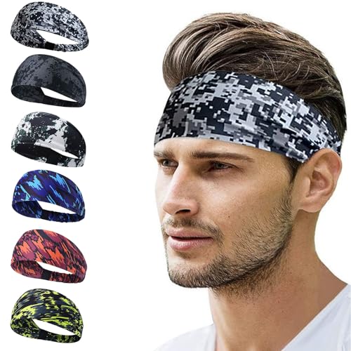 Sport-Stirnband für Herren 6-teilig – Hochwertiges Haarband Herren mit atmungsaktiver, stretchiger Schweißabsorption & 6 trendigen Designs, ideal für Fitness, Laufen & Sport (Camouflage)
