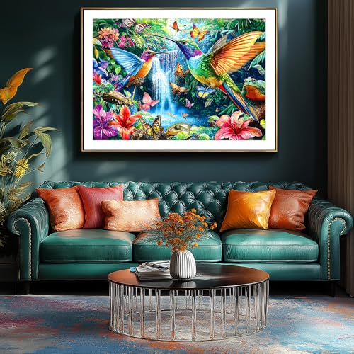 Image of Tropical Birds Flowers 500 Piece Jigsaw Puzzle for Adults Hummingbird Waterfall Scene with Butterflies & Flowers Nature Puzzle Fun Adult Family Relaxing Activity Seniors - 23x15 Inch