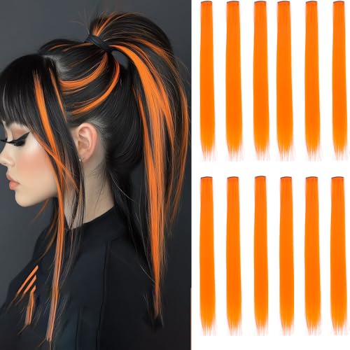 GZVIS 12 Pcs Orange hair extensions 22 Inch Straight colored hair colorful clip in extensions Highlight Party for Kids Girls and Women Gift(Orange 04)