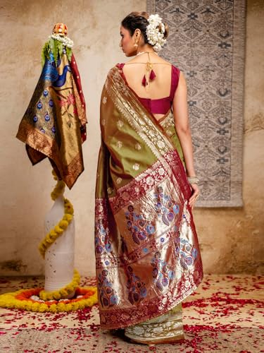 Image of SIRIL Women's Paithani jacquard Silk Saree |Chandrakor Paithani jacquard Saree With Unstitched Blouse Piece