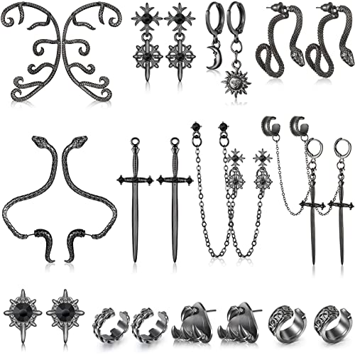Kigeli 12 Pairs Halloween Gothic Earrings for Men Women Black Dangle Punk Earrings Stud Chain Cuff Y2k Hinged Hoop Set for Unisex Hip Hop Kpop Birthday Gifts Cosplay Costume Accessories