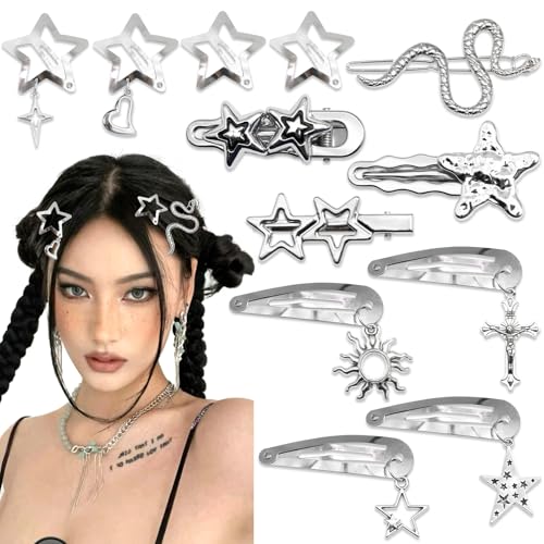 SAWINDA 12Pcs Silver Star Hair Clips Y2K Snap Hair Barrettes Cross Snake Hair Clips for Women Sun Pendant Water Drop No Slip Hairpins Y2K Hair Accessories for Girls