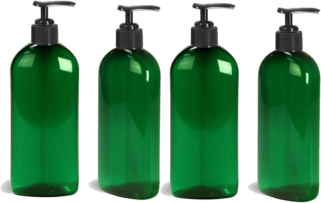 PET Empty Plastic Dispenser Bottles with Black Pump Hand Soap Lotion Shampoo Conditioner Oils 8 oz 250 ml, Green, Pack of 4