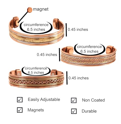 Image of Touchstone copper bracelets | gift for men women |adjustable 100% pure solid real magnetic jewelry | handmade bracelet set combo | rope braided tibetan bangles.
