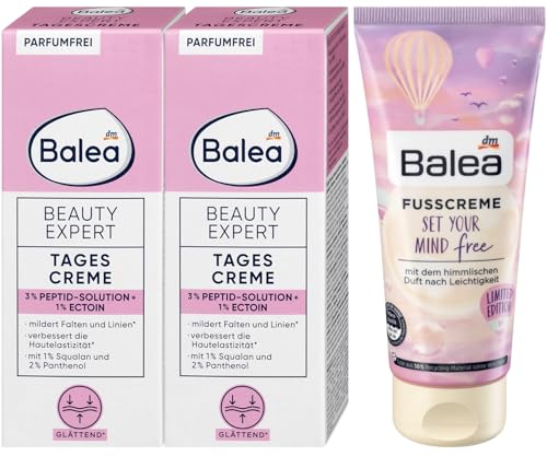Balea 3er-Set Hautpflege: Tagescreme BEAUTY EXPERT Gesichtscreme für strahlende Haut mit 3% Peptid-Solution & 1% Ectoin, 2 x 50 ml + Fußcreme SET YOUR MIND FREE für beanspruchte Füße, 100 ml (200 ml)