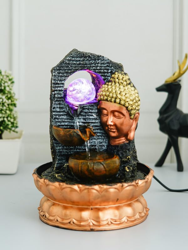 Image of Golden Brown Polyresin Tabletop Side Face Buddha Indoor Water Fountain for Home Decor with Multi LED, Speed Control Pump and Crystal Ball (Size: 20 x 22 x 29 CM | Weight: 1120 Gram)