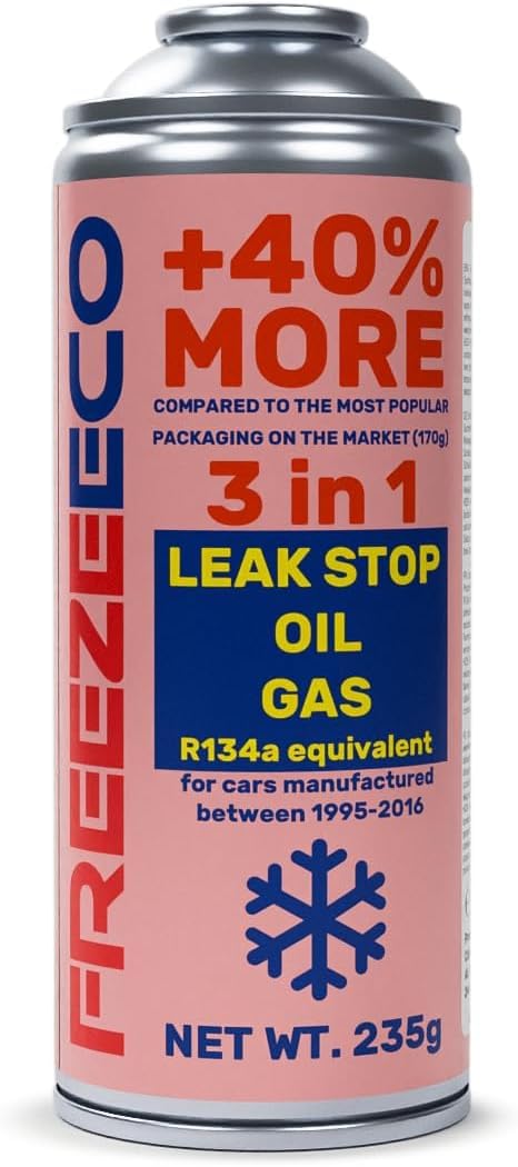 FreezeECO R12/R134a 3-in-1 LeakStop + Oil + Gas Aircon Top Up, Up To 40% More Gas (400ml/235g) with Self-Blocking Valve Type A (11.5cm diameter) - AC Refill
