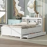 Full Bed Frame with Bookcase Headboard and Charging Station, Wood Captain Bed with Trundle and Storage Drawers for Kids Boys Girls, Noise Free, No Box Spring Needed, White