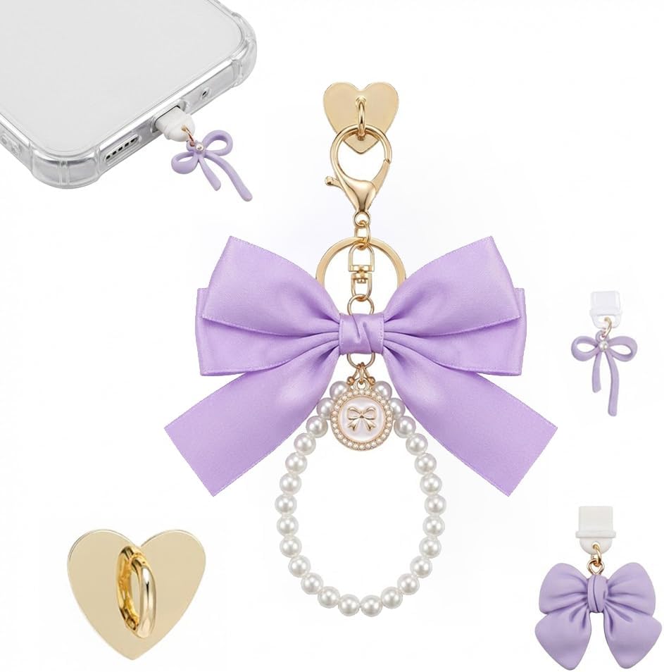 3Pcs Bowknot Dust Plug Charm for Kindle, Snug Fit USB C Anti-Dust Cover Accessories, Cute Pearl Chain Type C Phone Charms, Kawaii E-Reader Gifts for Book Lovers (Purple)