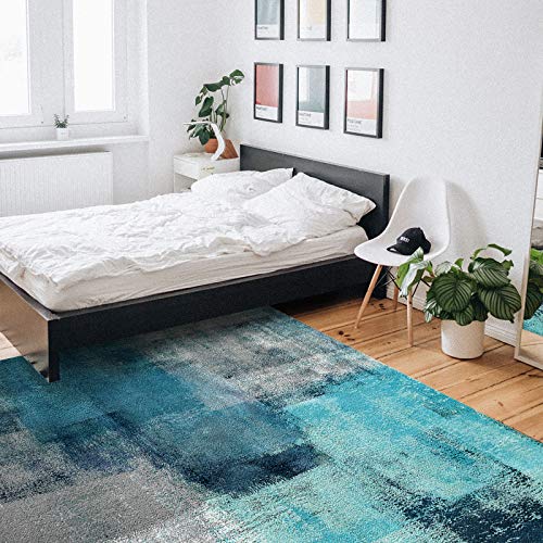 Abstract Teal Turquoise Area Rug 5'X8' For Living Room, Kids Teen Girls Boys Bedroom, Modern Geometric Painting Grey Art Outdoor Indoor Washable Carpet Runner Area+Rug For Kitchen, Hallway, Entryway #TOP4