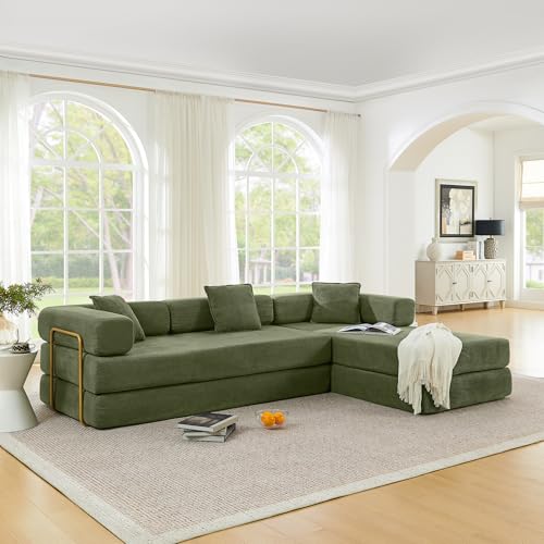 Image of HANXIN 108 inch Modular Sectional Sofa, Futon Convertible Sofa Bed,Oversized Corduroy Boneless Couch for Living Room,Floor Loveseat Sleeper with Pull Out Bed,Free Combination,No Assembly Required (Green)
