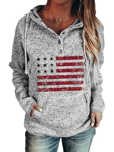 NOVEPT Womens Vintage American Flag Hoodie Patriotic Sweatshirt Red White