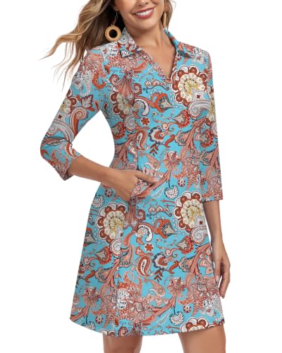 Image of WOWENY 3 /4 Sleeve Dress for Women with Pockets V Neck UPF 50+ Casual Sun Dress Breathable Quick Dry Beach Vacation