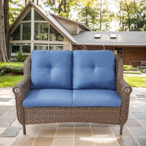 image for Bellefurn Patio Wicker Sofa Brown Rattan Loveseat Outdoor Couch with C