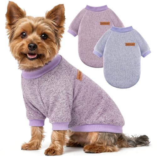 Image of 2 Pack Dog Sweaters for Small Dogs Girl Boy Winter Fleece Clothes Warm Soft Dog Sweatshirt Outfit for Dogs Cats Pet Apparel (Blue Purple+ Sweet Purple, S (Back: 11.8 inch,Chest: 15.7 inch, 5.5-10Ibs))