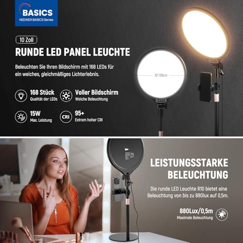 NEEWER Basics 10,5" Tischringlicht mit Ständer Handyhalterung Timer, Vollbild 15W dimmbar LED Selfie Panel Beleuchtung für iPhone Aufnahmen… – Ansicht 2