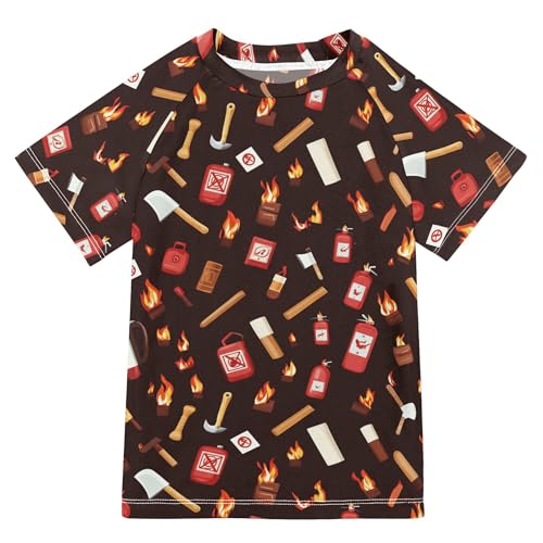 Firefighter Fire Extinguisher Brown Bathing Suit Girls Sun Protection Girls Rash Guard Top Swimwears Baseball Shirts for Little Boys 11-12Y