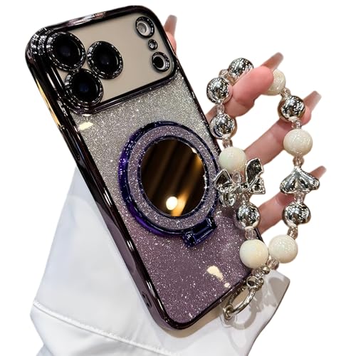 Sparkling Diamond iPhone 17/16/15/14/13 Pro Max Case with Mirror, Stand & Pearl Lanyard | Magnetic Kickstand Shockproof Fully En