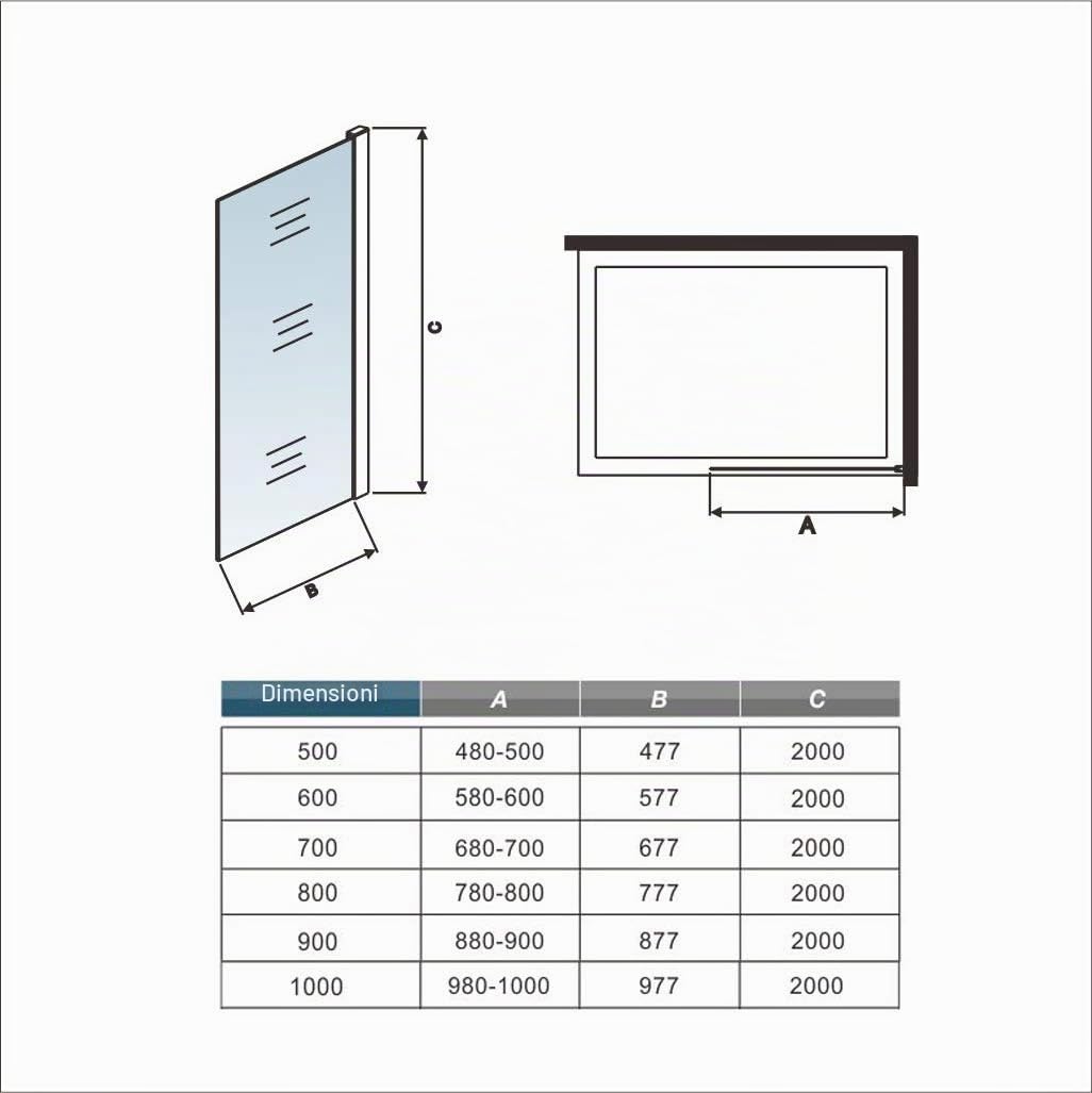 Parete Doccia Walk-In 100x200cm Vetro 8mm easy clean Barra Tagliabile: 90cm | Telaio Nero Opaco, Vetro Temperato, Stabilizzatrice
