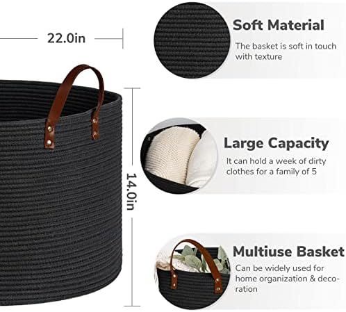 TIMEYARD Extra Large Black Laundry Basket, Woven Rope Storage Basket for Pillows, Toys, Clothes,Kids Laundry Hamper,Blanket Basket for Living room, 22 x 14 inches 6 51V biyQbQL. AC