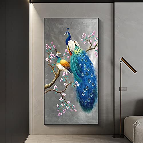 Peinture de paon bleu et fleurs pour décoration de salon moderne et zen