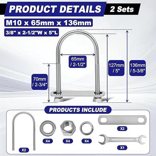 Image of 2 Sets M10 U Bolts 2-1 /2 Inch Wide, 3 /8 inch x 2-1 /2 inchW x 5 inch L | 304 Stainless Steel U Bolt Heavy Duty for boat trailer with Nuts, Bolt Plate and Washers,u bolts 2.5 inch wide,Metric bolts