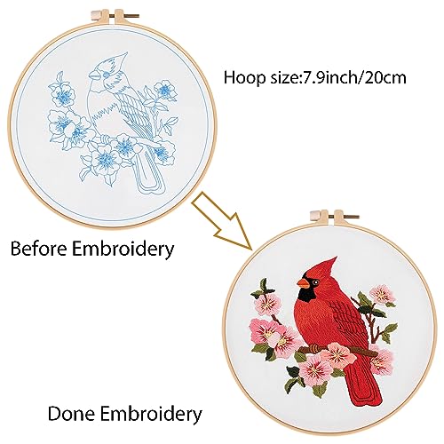 Image of Louise Maelys Cardinal Embroidery Kits for Beginners with Bird Flower Pattern,Adults Starter Cross Stitch Kit DIY Needlepoint