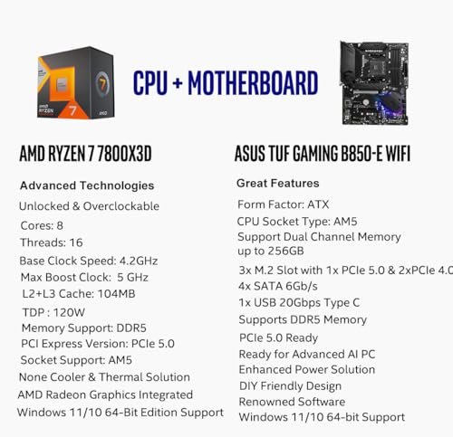 Image of MICRO CENTER AMD Ryzen 7 7800X3D CPU Processor with ASUS TUF Gaming B850-E WiFi ATX Motherboard (DDR5, PCIe 5.0, Wi-Fi 6E, USB 20Gbps Type-C)