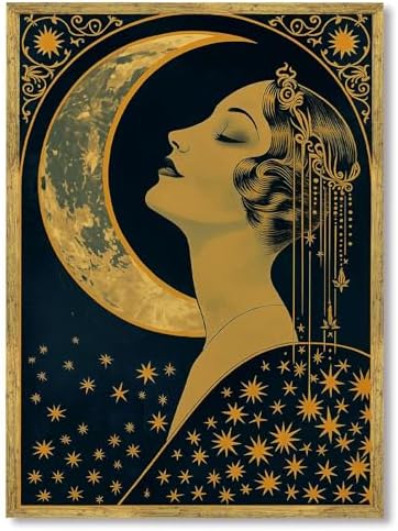 Framed Art Deco Woman with Moon Poster Canvas Print Art Vintage E...