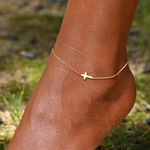 Image of Anklets for Women 14K Gold Plated Anklets Waterproof Ankle Bracelets for Women Silver Ankle Bracelet Layered Cross Satellite Bowknot Flower Pearl Beach Anklets Cute Jewelry Gift