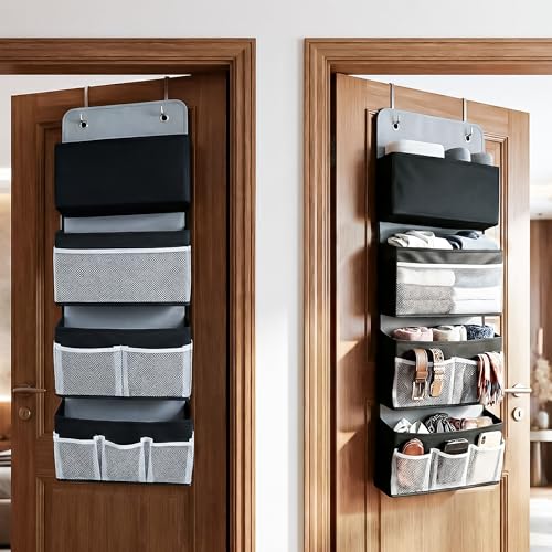 Image of CLAPONE Over the Door Organizer /Large Pockets - Anti-Tilt Hanging Storage for Bedroom /Closet Door Storage /Bathroom /Pantry /Nursery /Bedroom (Black, 4 Shelf Hanging Door)