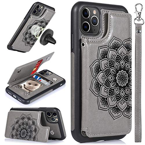 CASEOWL iPhone 11 Pro Max Case,Wallet Case with Card Holder,RFID Blocking,Kick Stand,Wrist Strap,Fit Magnetic Car Mount,Mandala Embossed Leather Back Flip Cover Case for iPhone 11 Pro Max(2019),Gray