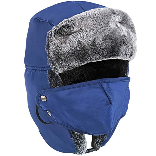 Winter Trapper Hat - Russian Style Ushanka, Trooper, Faux Fur Headwear for Men and Women - Ear Flaps, Chin Strap, Windproof Ski Mask - Covers Full Face - Hunting, Snowboarding Accessories Blue