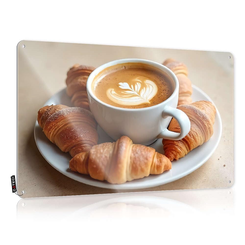 Funny Wall Signs Print Ready To Hang - Cappuccino With Croissants On A Plate. Best For Man Cave Bar(20X30CM)