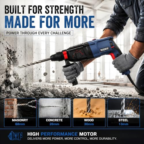 Image of RODRIX RD26 Rotary Hammer Drill Machine, 1600W Copper Motor, 1100 RPM, 4900 BPM, 26mm SDS Plus Chuck, 3 Modes, Forward & Reverse Function, Drill Bits & Chisels Included, 6 Months Warranty