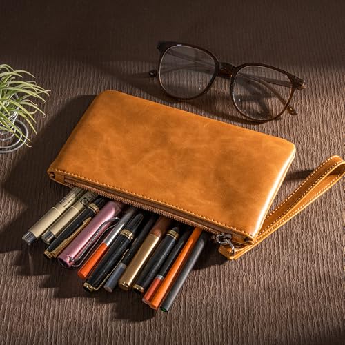 Image of Calfinder Pencil Pouch,Small Pen Pouch with Zipper,Handmade leather Pouch,Water Resistant,Leather Pouch for Makeup, Change, Coins, Perfect for Work /Office